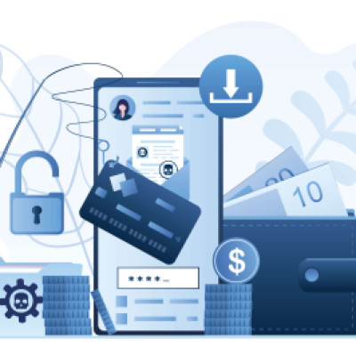Illustration of mobile phone and wallet with cyber thieves stealing information